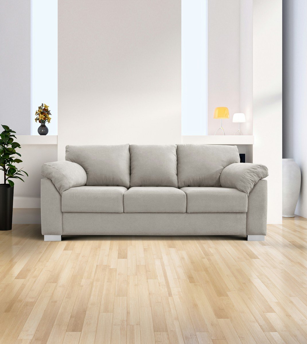A light grey sofa in a modern living room.